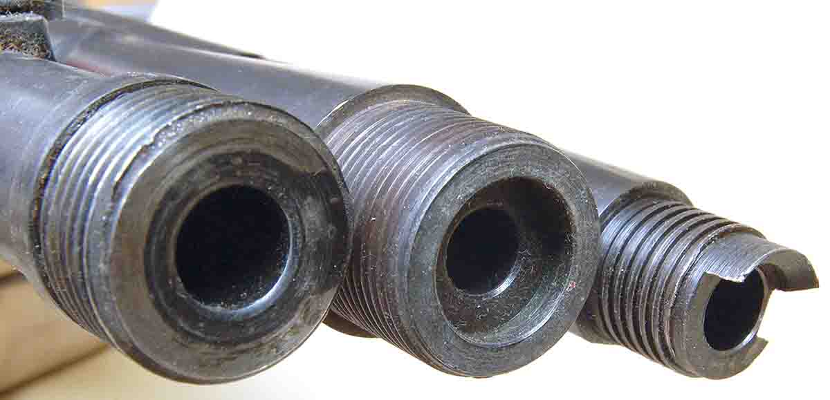 Extra machining on the breech of a barrel costs more. The Mauser barrel (left) requires none; the Remington barrel (center) needs to be recessed for the bolt nose; the Marlin barrel (right) is even more complicated.